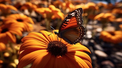 Closeup shot of a beautiful butterfly on an orange petal generate ai