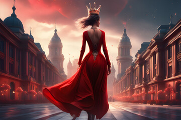 City tour in a red dress generative ai