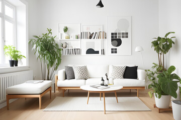 Stylish scandinavian living room with design furniture, plants, bamboo bookshelves and wooden table. Brown wood parquet. Abstract painting on white wall. Nice apartment. Bright room modern decoration.