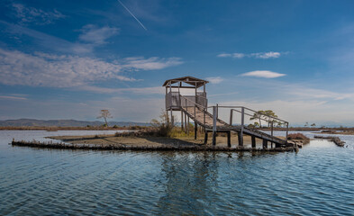 observation platform in the Lagoon of Divjake-Karavasta National Park in Albania. Beautiful landscape. travel concept