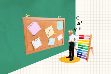 Creative collage of mini intelligent happy boy hold pointer big wooden schedule planning board abacus bead calculator isolated on painted background