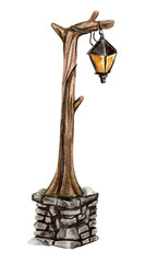 Outside lamp with stone basement. Watercolor hand drawn illustration for invitations, greeting cards, prints, packaging and more. Merry christmas and happy new year.