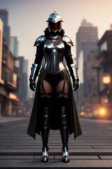 a woman in a futuristic armored suit standing on a street in a city at night with a city skyline in the background