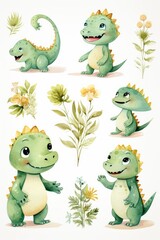 watercolor cartoon style dinosaur with small elements, AI Generated