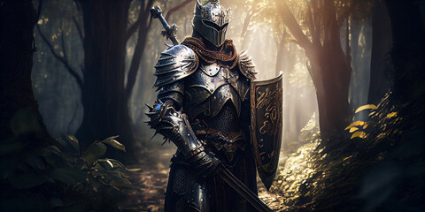 A fairy-tale knight in ancient iron armor stands in the forest, close-up. Generative AI