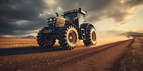 Fototapeta premium AI Generated. AI Generative. Tractor combine machine harvest field farming. Nature outdoor meadow landscape machine industry. Sunny work day machine