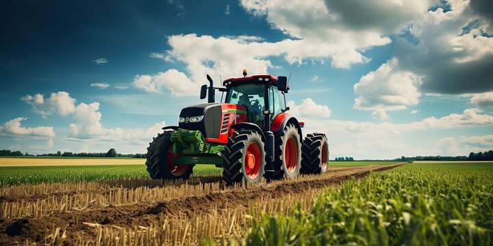 AI Generated. AI Generative. Tractor combine machine harvest field farming. Nature outdoor meadow landscape machine industry. Sunny work day machine