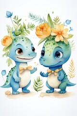 Fototapeta premium watercolor cartoon style dinosaur with small elements, AI Generated