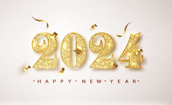 2024 New year banner with gold glitter numbers on bright background with Flying Confetti. Banner For Christmas and winter holiday headers, party flyers