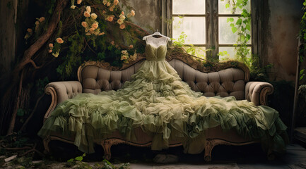 dress on a couch in an abandoned house.