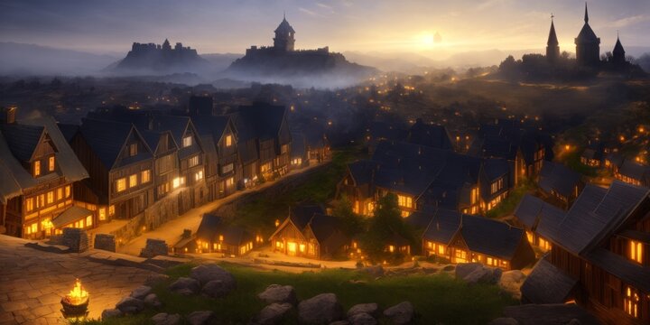 a medieval village with fog and foggy mountains in the background at night with lights in houses