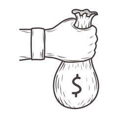 Hand holding a money bag sack, money icons hand drawn illustration