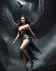 a woman dressed as a harpy costume with wings on her back. A fantasy character  - obrazy, fototapety, plakaty