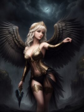 a woman dressed as a harpy costume with wings on her back. A fantasy character 