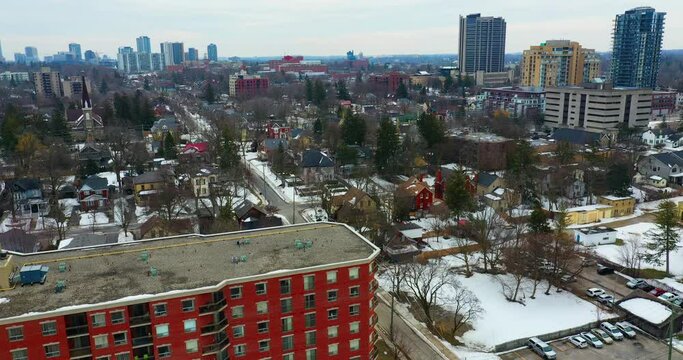 Aerial hyperlapse view of downtown Waterloo, Ontario, Canada 4K
