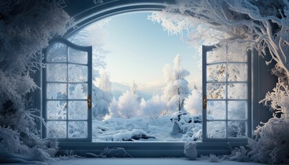 Winter wonderland seen through a frosty window - obrazy, fototapety, plakaty
