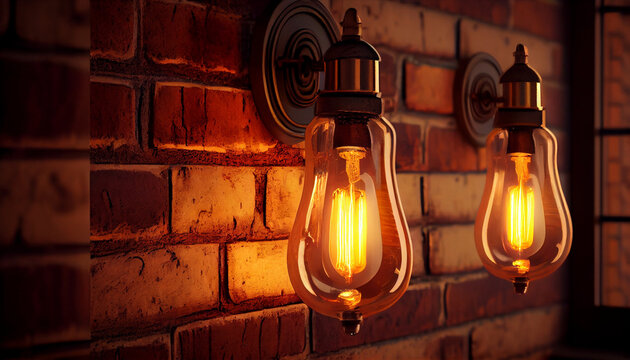 Decorative antique edison style light bulbs against brick wall background, old lamp on the wall, traditional chinese lantern festival Ai generated image 