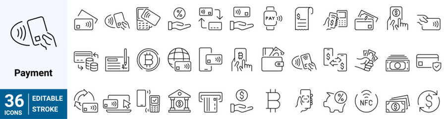 Set of 36 outline icons related to payment. Contains an icon such as NFC, money, bitcoin, credit card, credit card, Linear icon collection. Editable stroke. Vector illustration - obrazy, fototapety, plakaty