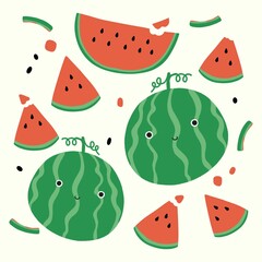 Hand-drawing watermelon, seamless pattern and background.