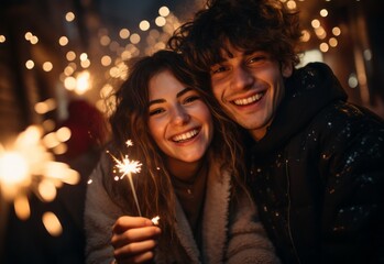 Obraz na płótnie Canvas Christmas love couple happy holding sparklers at christmas party