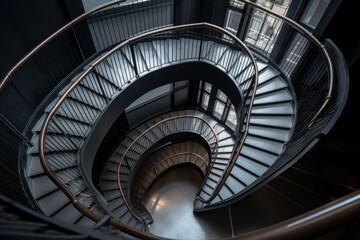 Illustration of a mesmerizing spiral staircase in a modern building with glass doors, created using generative AI