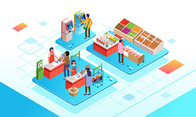Isometric grocery market interior, supermarket showcase and checkout counter people shop and pay. simple digital