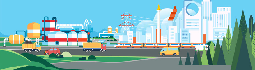 Landscape energy industries gas, electric factory transmit distribution electricity supply to power the city © yisar