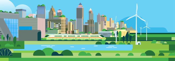 Eco urban city landscape with buildings. Ecological sustainable energy supply with windmills. Town with green wild nature, lawns, river, transportation and wind turbines