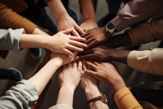 A group of multiethnic people stacking hands as concept of diversity, equality and unity. Diverse community concept. Generative AI