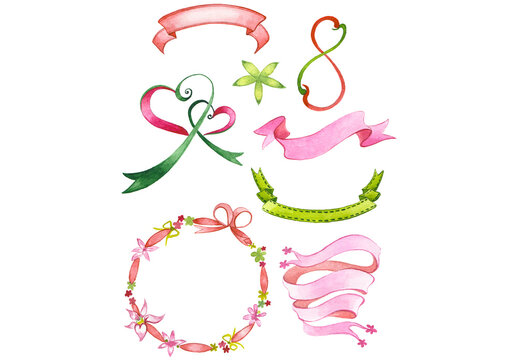 Watercolor painted collection of decorative ribbons. Hand drawn holiday design elements isolated on white background.