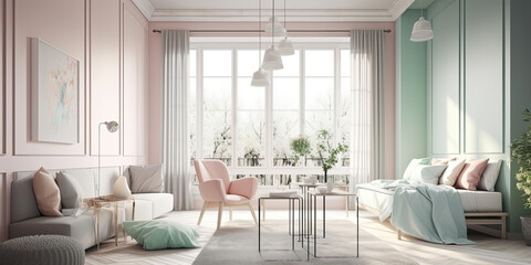 Modern interior in pastel colors. Light living room. Generative AI