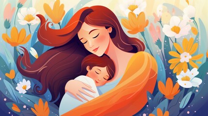 Illustration picture for mothers day containing a mom hugging her son/daughter