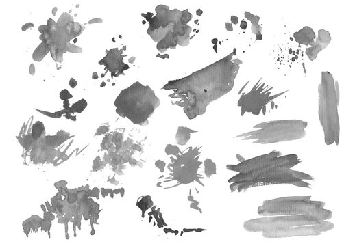 Watercolor painted splatters. Hand drawn design elements isolated on white background.
