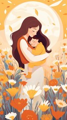 Illustration picture for mothers day containing a mom hugging her son/daughter