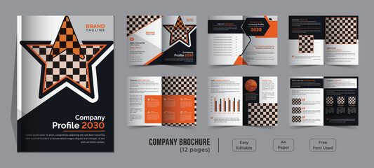 12 pages company profile template design, creative and minimalist bifold business company brochure magazine template design with a modern concept