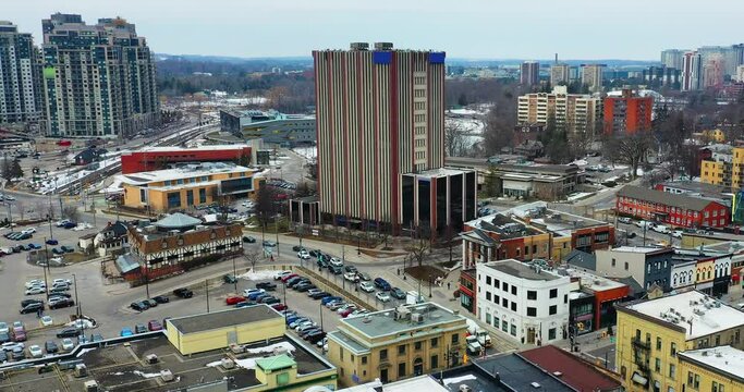 Aerial hyperlapse scene of Waterloo, Ontario, Canada city centre 4K