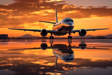 airplane landing at sunset