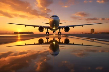 Fotobehang airplane landing at sunset © Bulder Creative