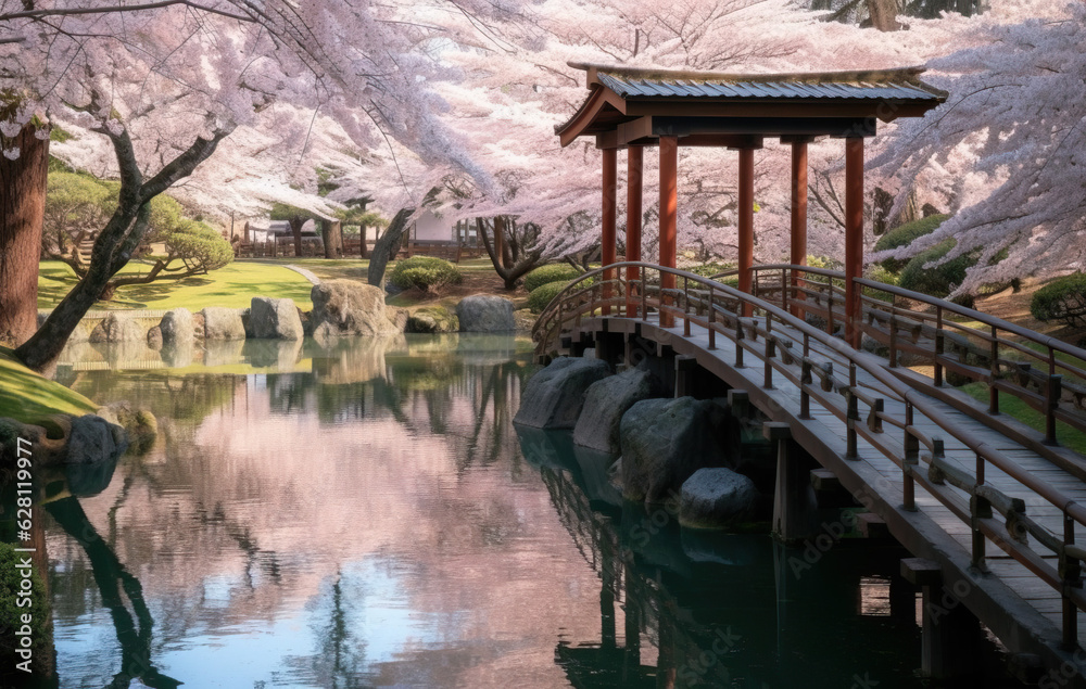 Canvas Prints bridge over the river with cherry blossoms in the background created with Generative AI technology