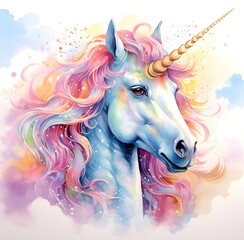 Obraz na płótnie Canvas beautiful unicorn with rainbow color, Watercolor illustration