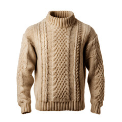 Beige knitted male sweater isolated on transparent background.