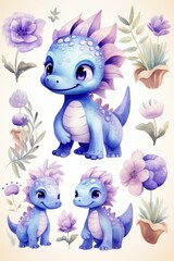 watercolor cartoon style dinosaur with small elements, AI Generated