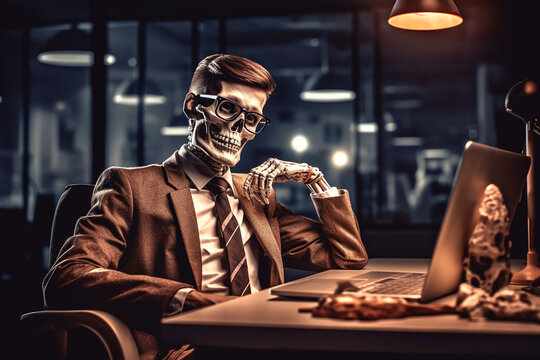 Overworked workaholic concept. Skeleton in the business suit sitting on the office desk. Corporate overtime. High quality photo