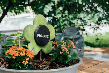 Cute wooden picnic table in a public park. Pic-nic time.