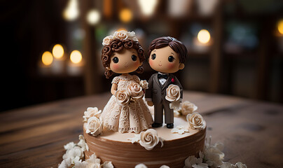 Bride and groom topper on elegant wedding cake. figurines of the bride and groom on a beautiful white cake with wedding decor