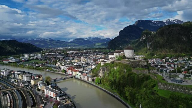 Aerial view of Kufstein town with medieval Castle fortress in Tyrol, Austria, Alps mountains, 4k