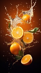 Fototapeta na wymiar A cinematic shot of orange fruits falling with water splash, for commercial use, orange juice