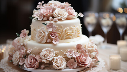 Elegant white wedding cake decorated with flowers from mastic on a white wooden table. Picture for a menu or a confectionery catalog. Top view. with wedding decor . 