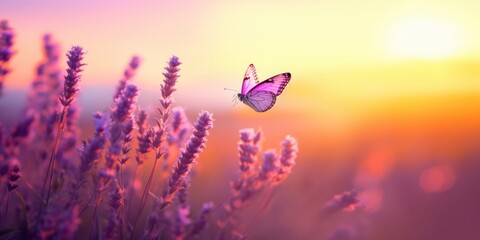 Beautiful natural pastel background. Butterfly and  flower against on a background of sunrise, Generative AI