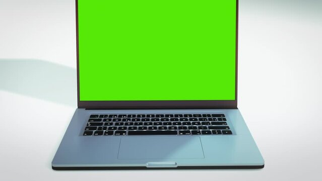 Display Laptop opens on white background. Empty Greenscreen, Placeholder, Mock-up Monitor for Video Call, Website Template Presentation. 3D render